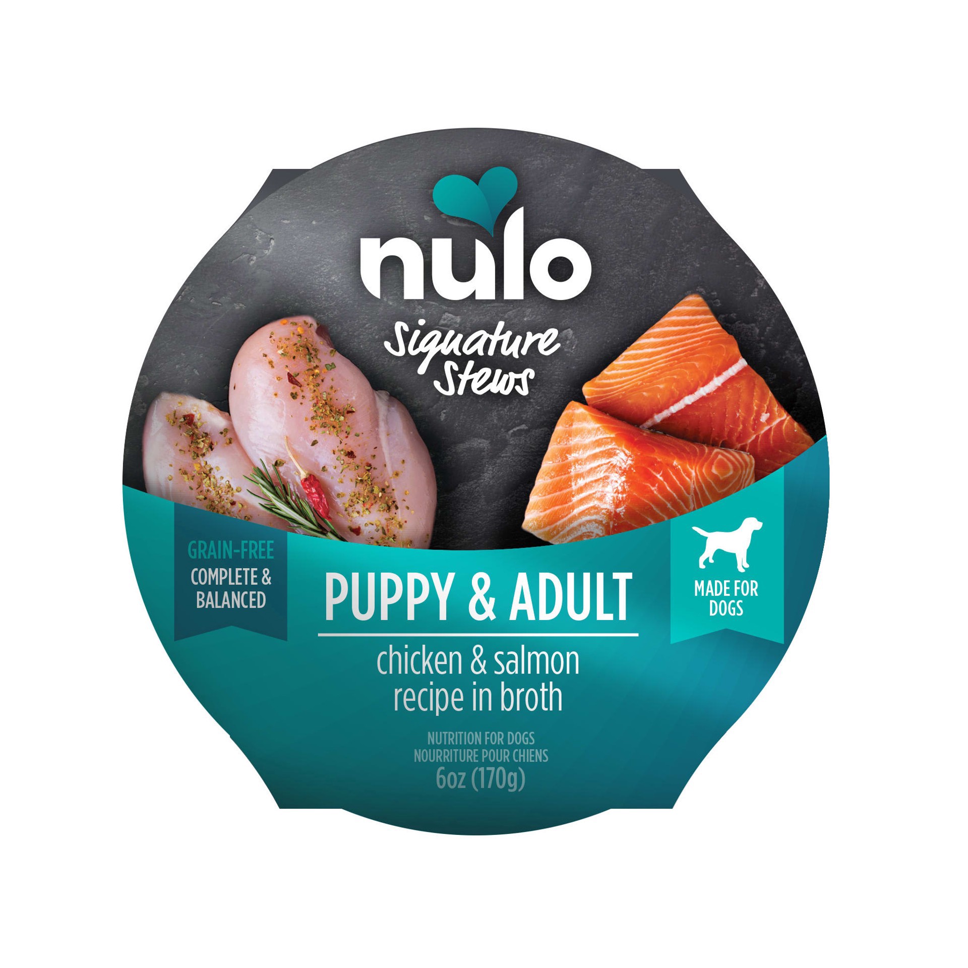 slide 1 of 1, Nulo Signature Stew Chicken & Salmon in Broth for Dog & Puppy, 6 oz., 1 ct