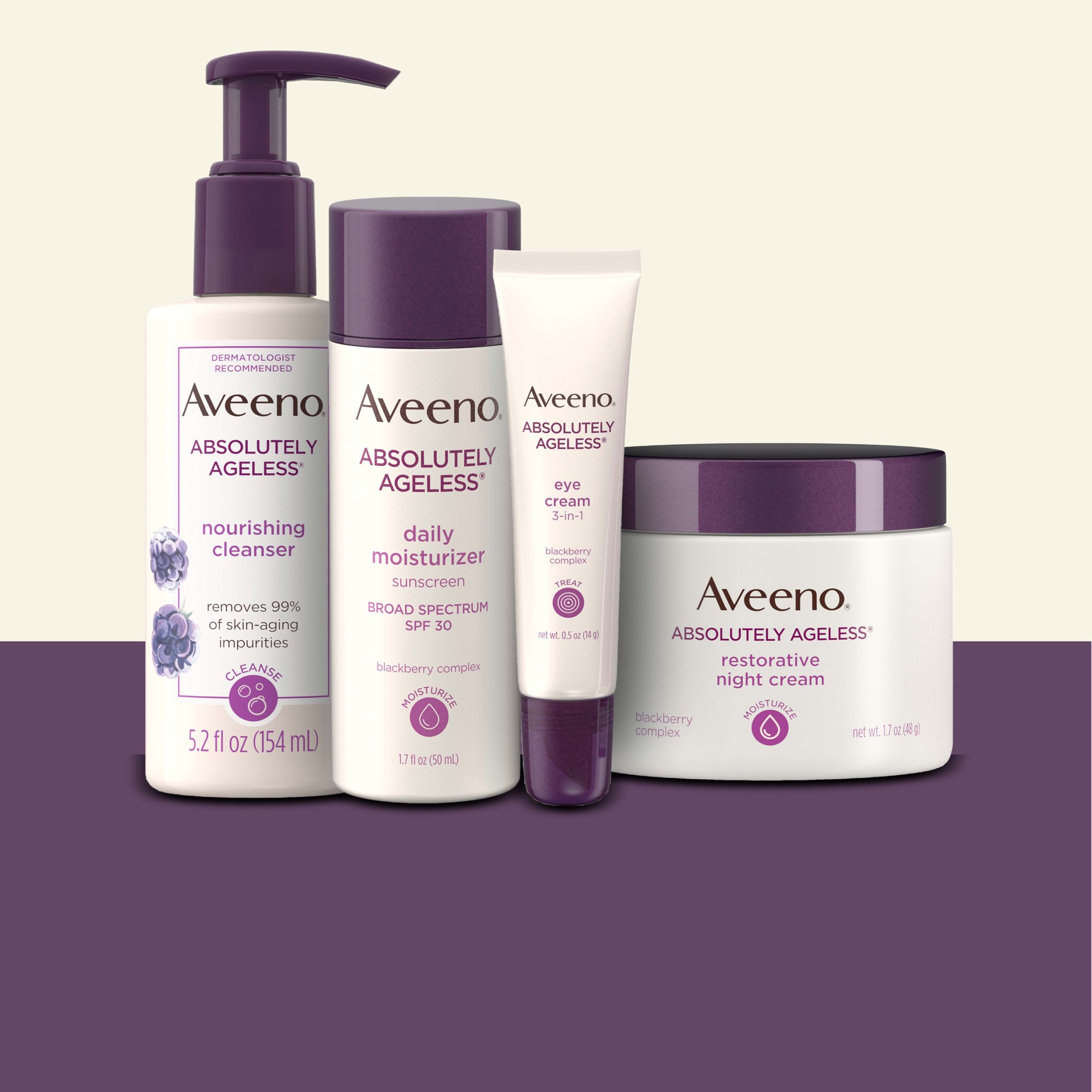 slide 4 of 5, Aveeno Absolutely Ageless Nourishing Daily Facial Cleanser, Antioxidant-Rich Blackberry Extract, Non-Comedogenic Makeup-Removing Face Wash from Dermatologist-Recommended Brand, 5.2 fl oz