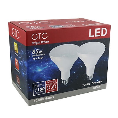 slide 1 of 1, GTC LED 85 Watt BR40 Bright White Light Bulbs, 2 ct