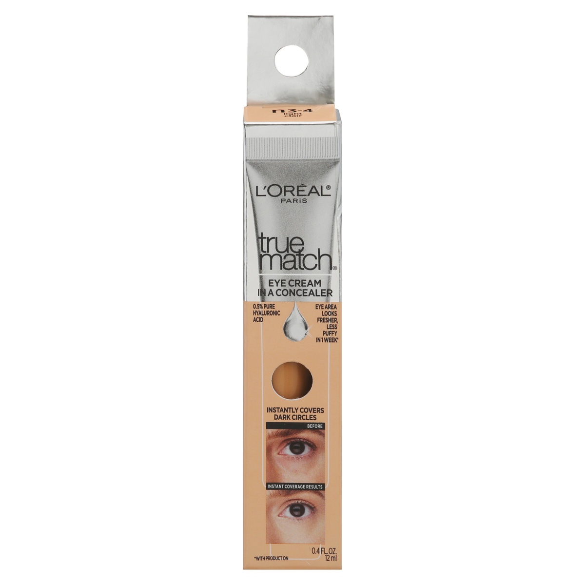 slide 1 of 1, L'Oréal True Match Eye Cream In A Concealer With Hyaluronic Acid, Light N3-4, 0.4 oz