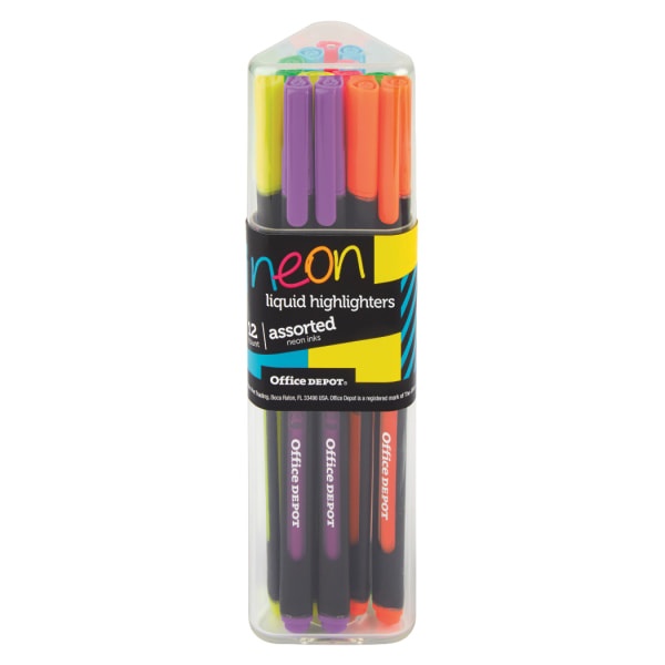 slide 1 of 8, Office Depot Brand Liquid Triangle Highlighters, Chisel Point, Assorted Neon Colors, Pack Of 12, 12 ct