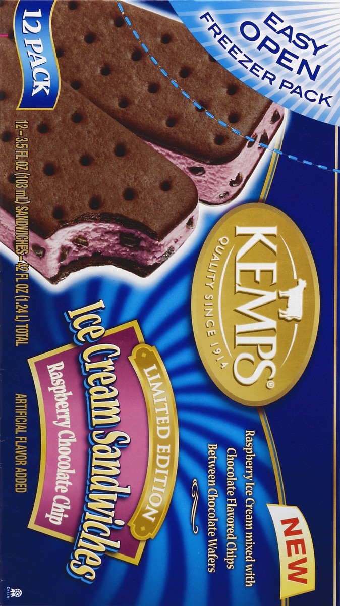 slide 2 of 5, Kemps Kemps Raspberry Chocolate Chip Ice Cream Sandwiches, 12 ct; 3.5 fl oz