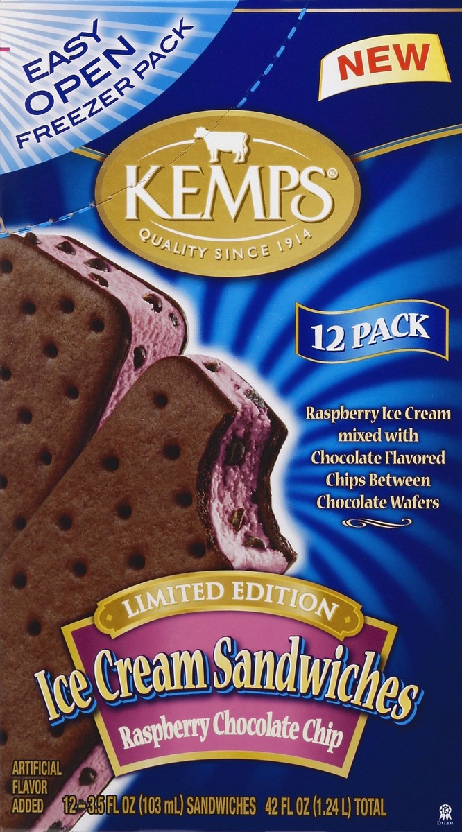 slide 3 of 5, Kemps Kemps Raspberry Chocolate Chip Ice Cream Sandwiches, 12 ct; 3.5 fl oz