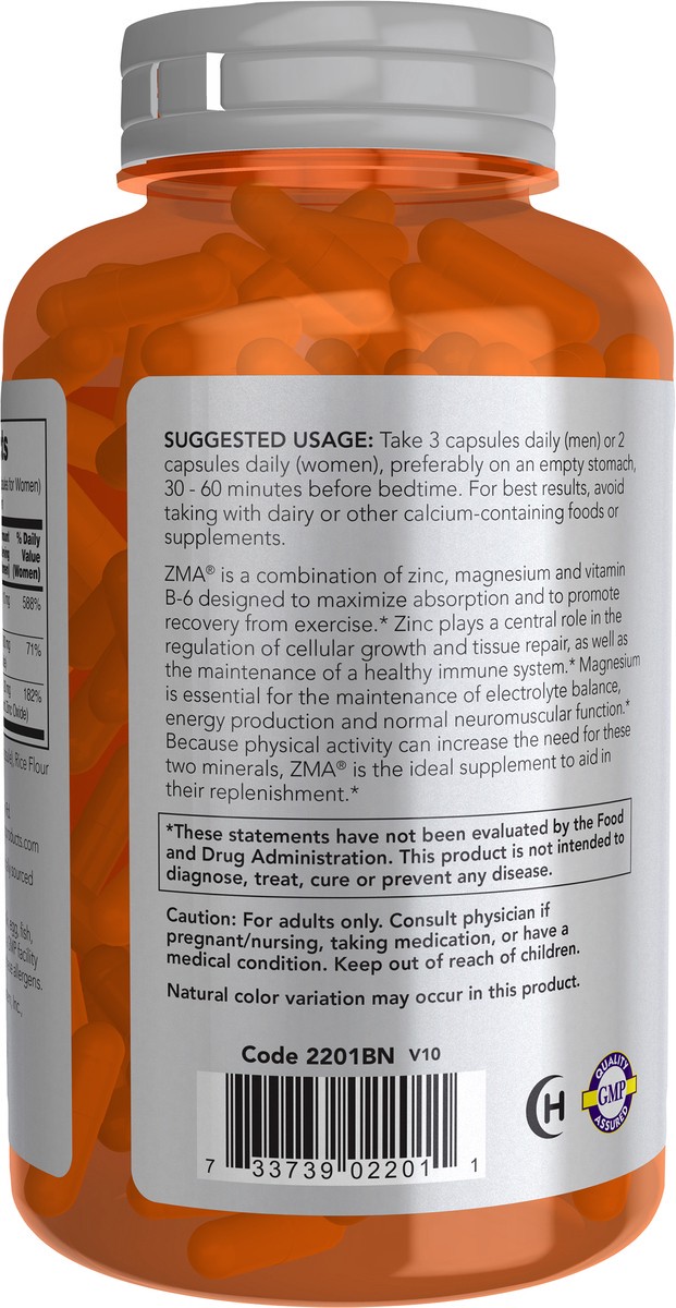 slide 2 of 4, NOW Sports Nutrition, ZMA (Zinc, Magnesium and Vitamin B-6), Enhanced Absorption, Sports Recovery*, 180 Veg Capsules, 180 ct