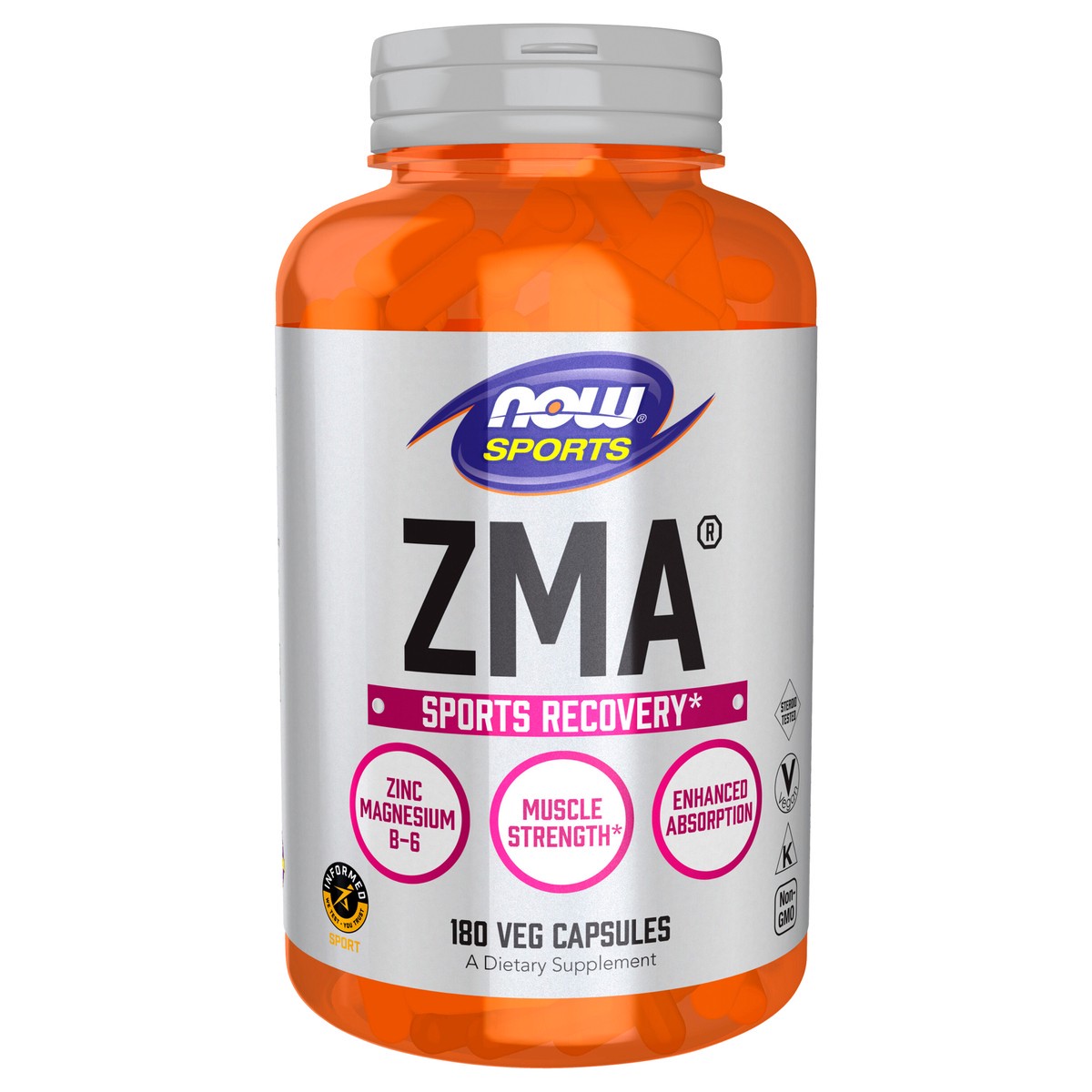 slide 1 of 4, NOW Sports Nutrition, ZMA (Zinc, Magnesium and Vitamin B-6), Enhanced Absorption, Sports Recovery*, 180 Veg Capsules, 180 ct
