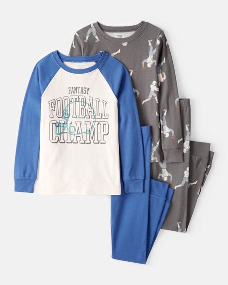 slide 1 of 3, Carter's Boys Football Print 100% Cotton Long-Sleeve 4-Piece Pajamas - White/Blue Blue/Grey 10, 4 pc