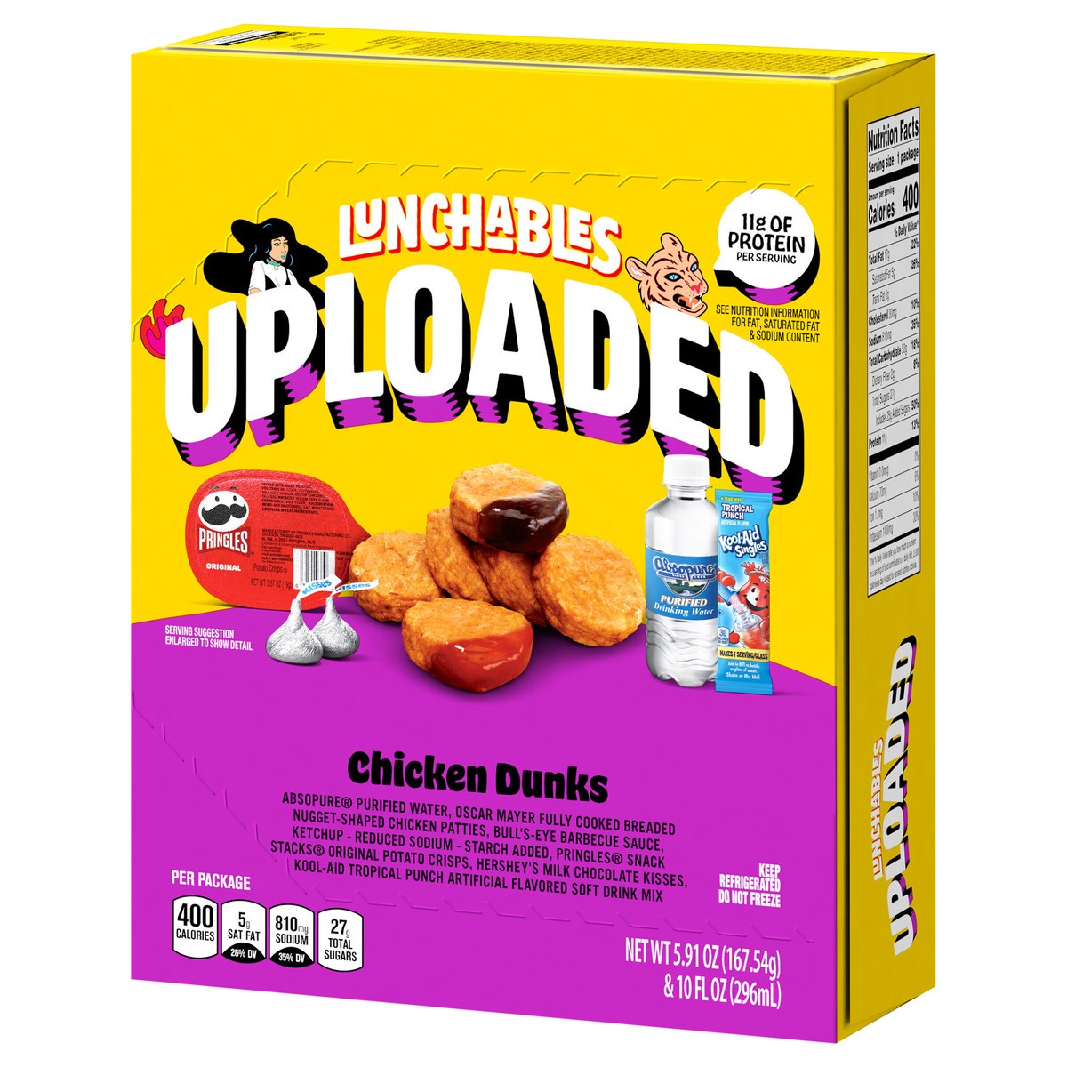 slide 3 of 9, Lunchables Uploaded Chicken Dunks with BBQ Sauce, Ketchup, Original Pringles, Hershey's Milk Chocolate Kisses, Water and Kool-Aid Powdered Drink Mix, 15.91 oz Box, 15.91 oz