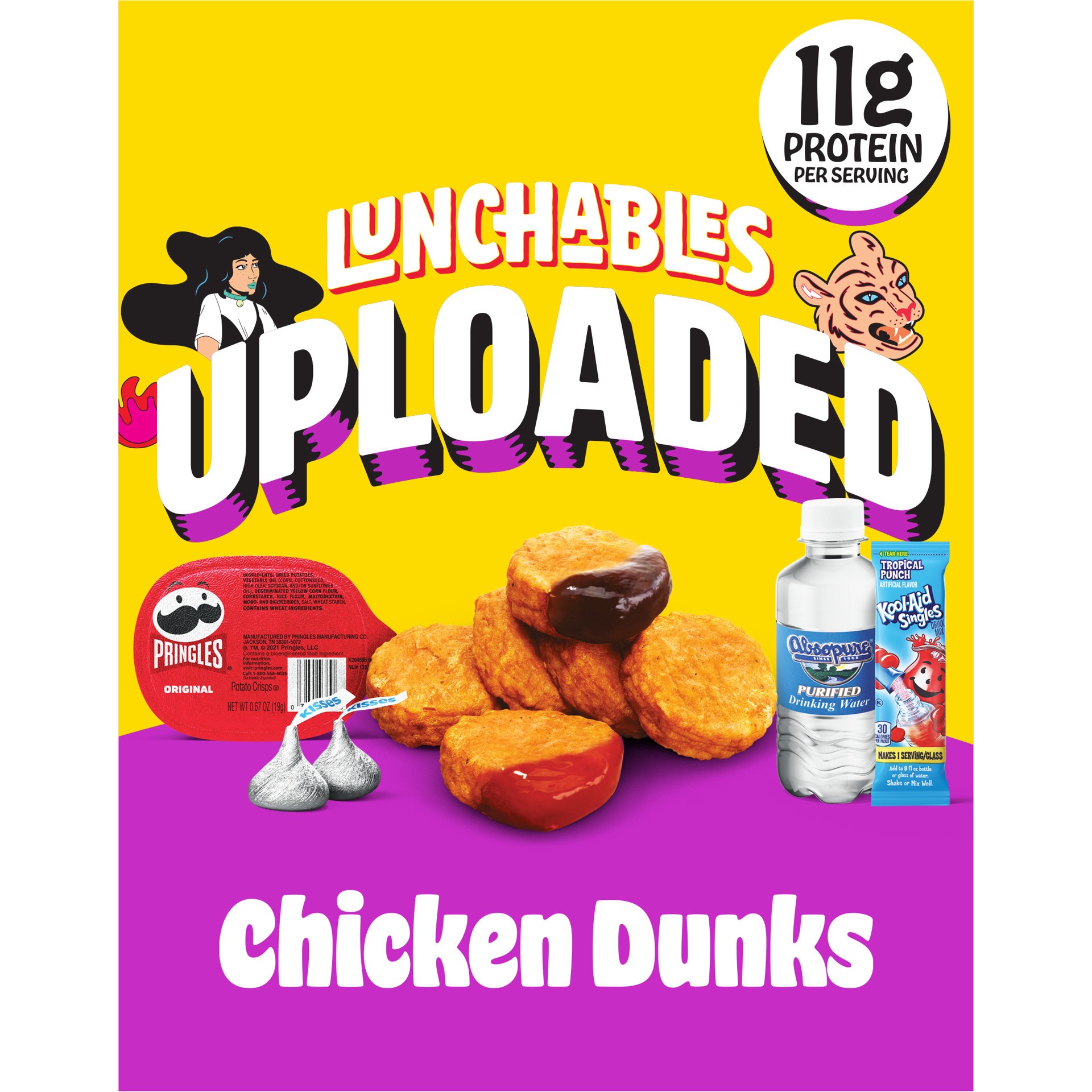 slide 1 of 9, Lunchables Uploaded Chicken Dunks with BBQ Sauce, Ketchup, Original Pringles, Hershey's Milk Chocolate Kisses, Water and Kool-Aid Powdered Drink Mix, 15.91 oz Box, 15.91 oz
