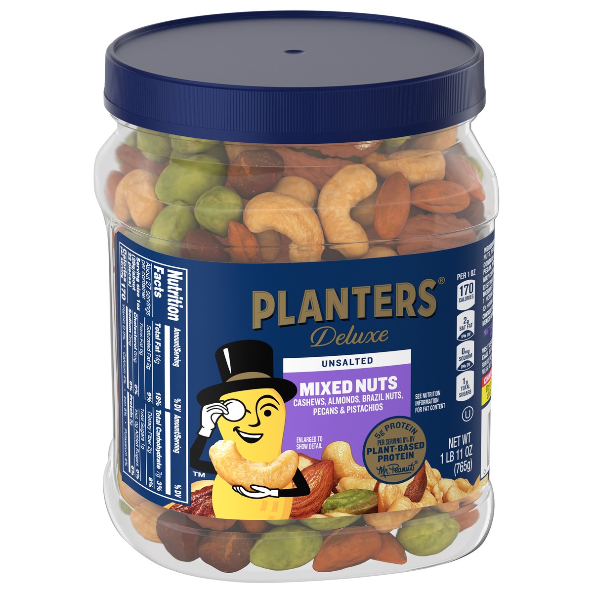 slide 7 of 11, Planters Unsalted Premium Blend Nut Mix with Cashews Almonds Hazelnuts Pecans & Pistachios Container, 27 oz