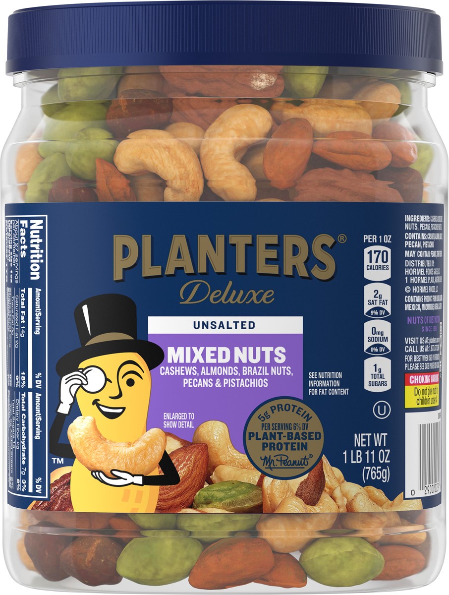 slide 2 of 11, Planters Unsalted Premium Blend Nut Mix with Cashews Almonds Hazelnuts Pecans & Pistachios Container, 27 oz