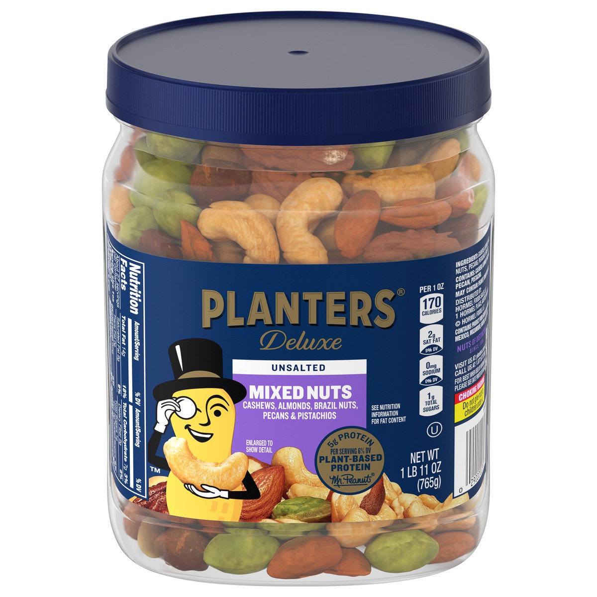 slide 10 of 11, Planters Unsalted Premium Blend Nut Mix with Cashews Almonds Hazelnuts Pecans & Pistachios Container, 27 oz