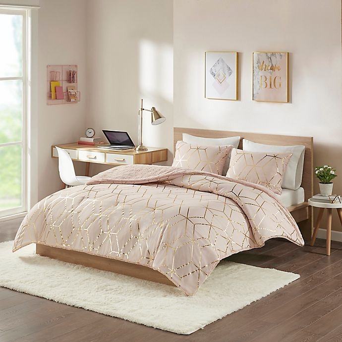 slide 1 of 10, Intelligent Design Ainsley Metallic Print Reversible King Comforter Set - Blush, 3 ct