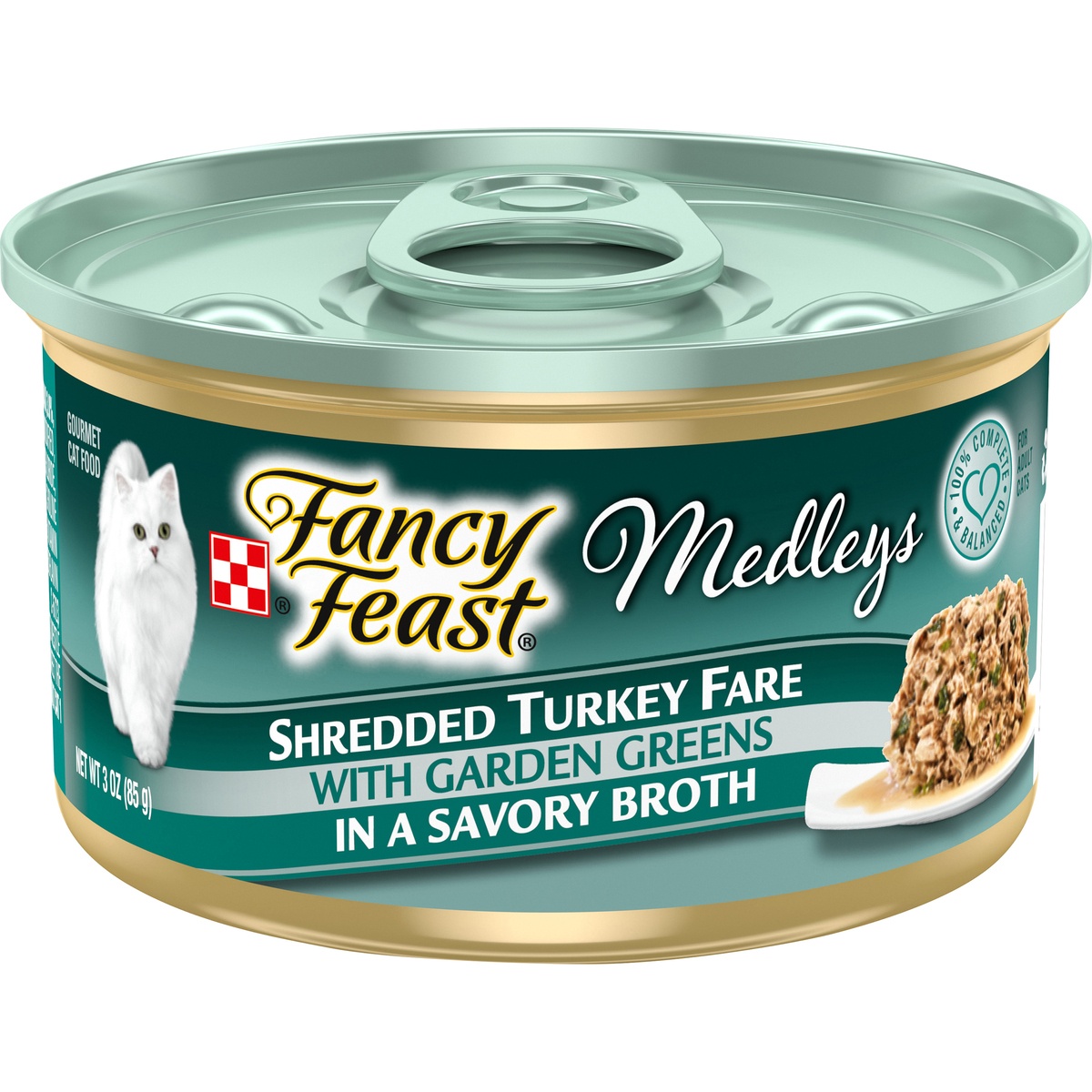 slide 1 of 1, Fancy Feast Medleys Shredded Turkey Fare With Garden Greens in a Savory Broth, 3 oz
