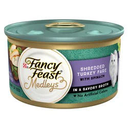 Purina Fancy Feast Wet Cat Food, Medleys Shredded Turkey Fare With Spinach in a Savory Cat Food Broth