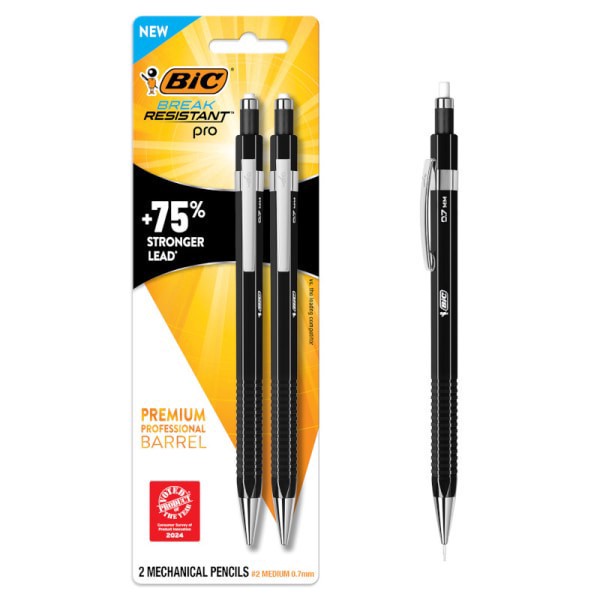 slide 1 of 5, BIC Break Resistant Pro Mechanical Pencil, 0.7MM, Medium Pt, Black Barrel, Pack of 2, 2 ct