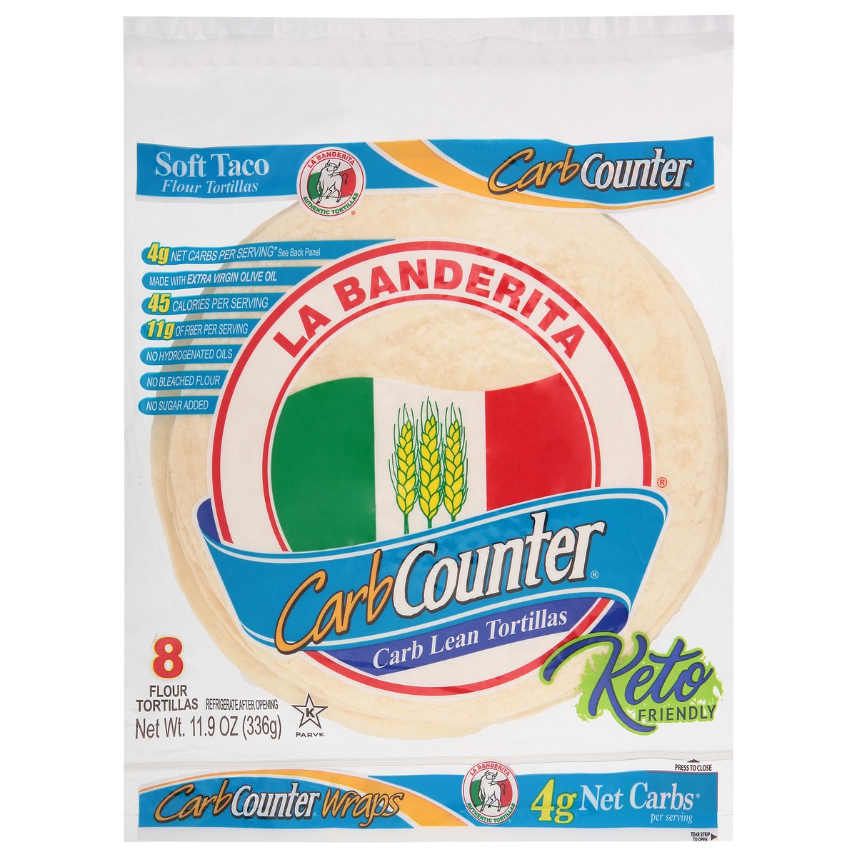slide 1 of 9, La Banderita Carb Counter, 8" Low Carb Tortilla, Keto Friendly, 8 ct