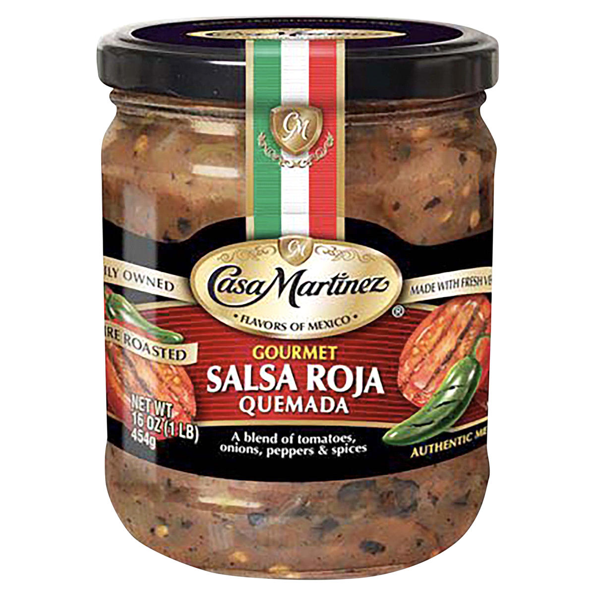 slide 1 of 3, Casa Martinez Gourmet Salsa, Roja Quemada Fire Roasted, 16 oz