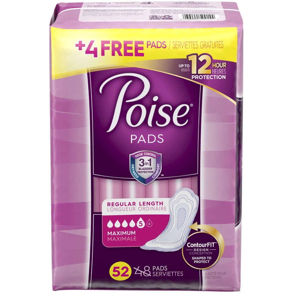 slide 1 of 1, Poise Incontinence Pads, Maximum Absorbency, Regular, 52 Count, 1 ct