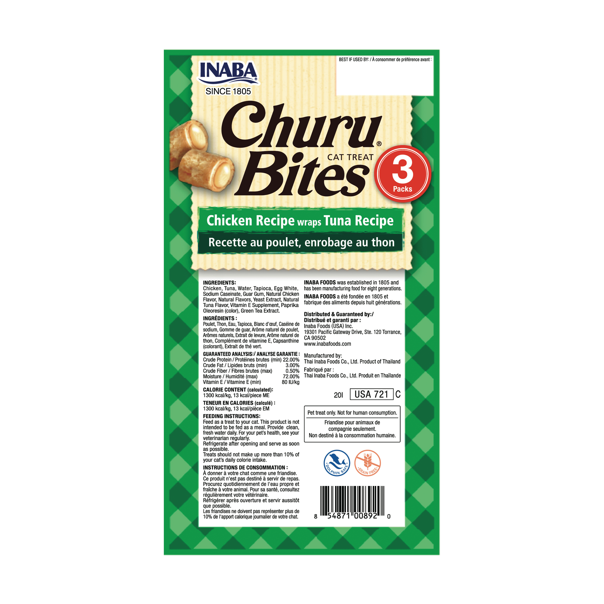 slide 3 of 7, Inaba Churu Bites for Cats, Soft & Chewy Baked Chicken Wrapped Churu Filled Cat Treats with Vitamin E, 0.35 Ounces Each Tube, 3 Tubes Total, Tuna Recipe, 1 ct