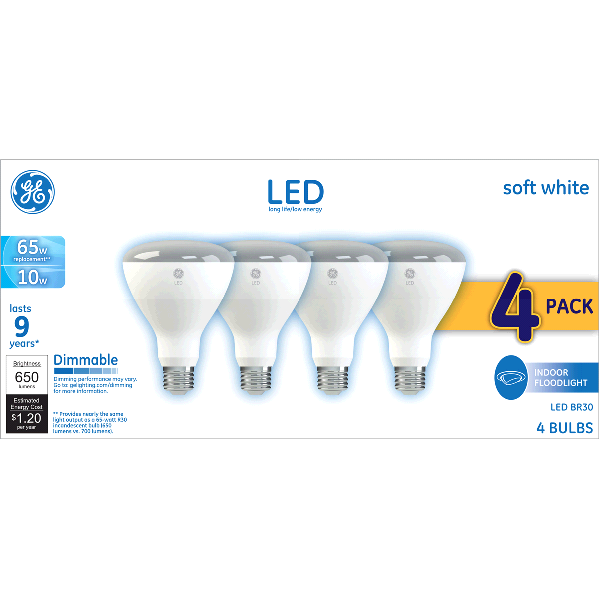 slide 1 of 1, GE Soft White 65W Replacement LED Light Bulb Indoor Floodlight BR30 ), 4 ct