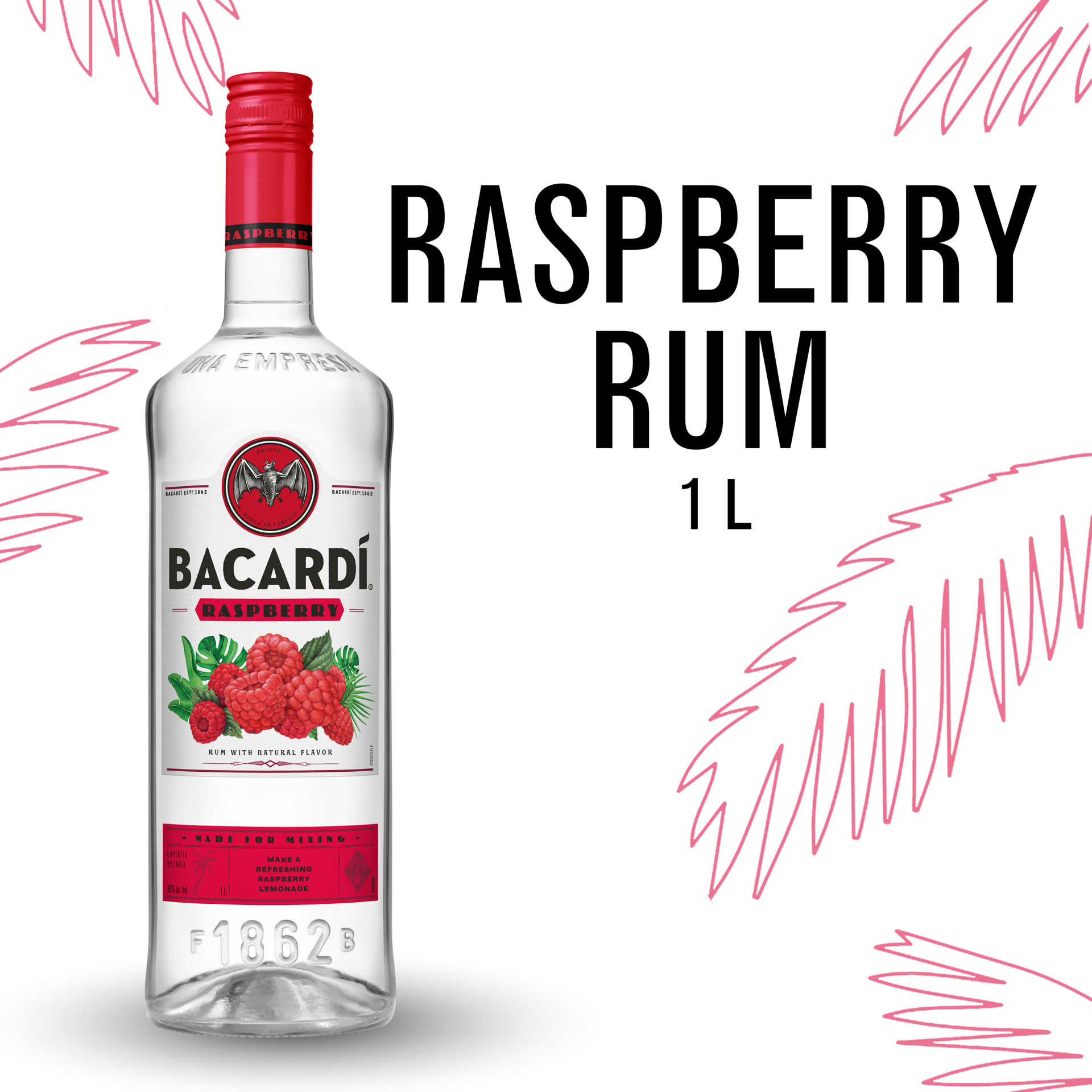 slide 1 of 5, Bacardí Bacardi Raspberry Rum, Gluten Free 35% 100Cl/1L, 1 liter