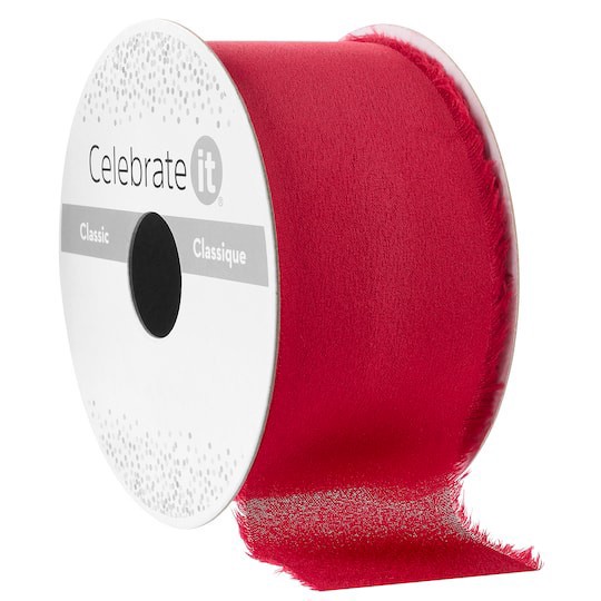 slide 1 of 2, 1.5" X 3yd. Red Satin Raw Edge Ribbon By Celebrate It Classic, 1.5 in x 3 yd