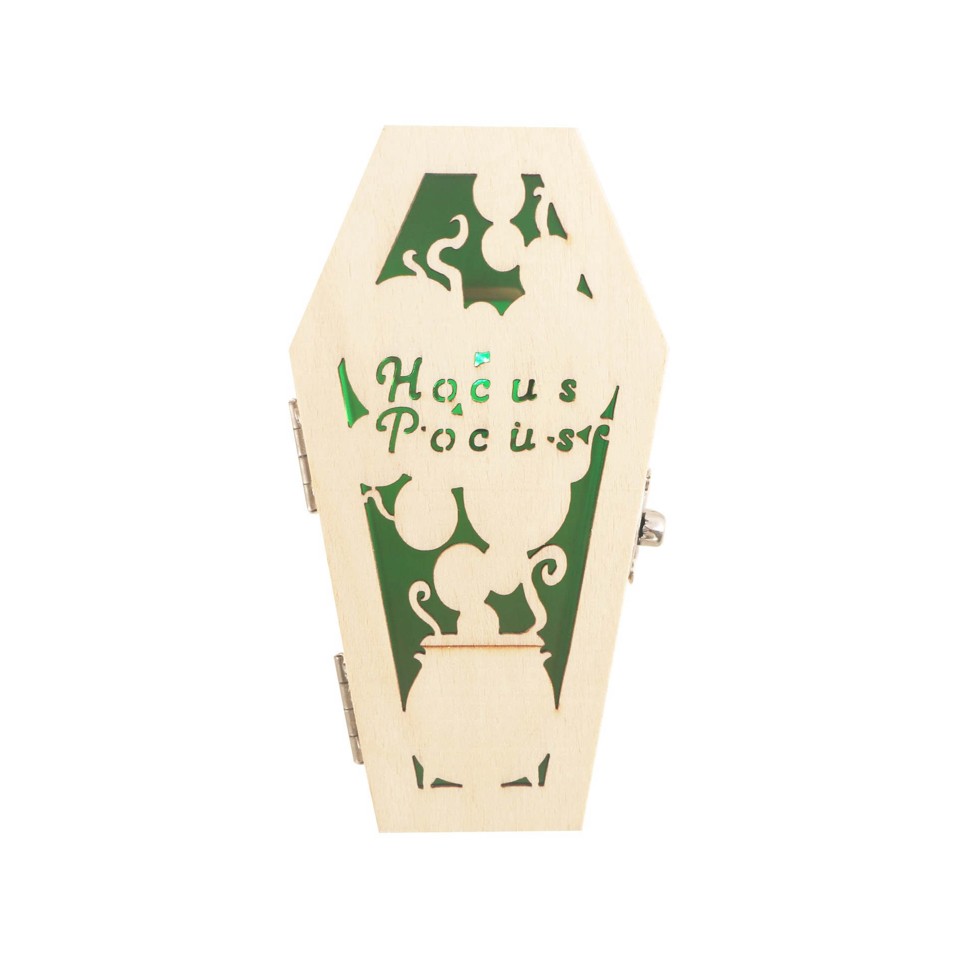 slide 4 of 4, Mini Hocus Pocus Coffin Diy Led Wood Decor By Make Market, 2.3 in x 1.5 in x 4.4 in