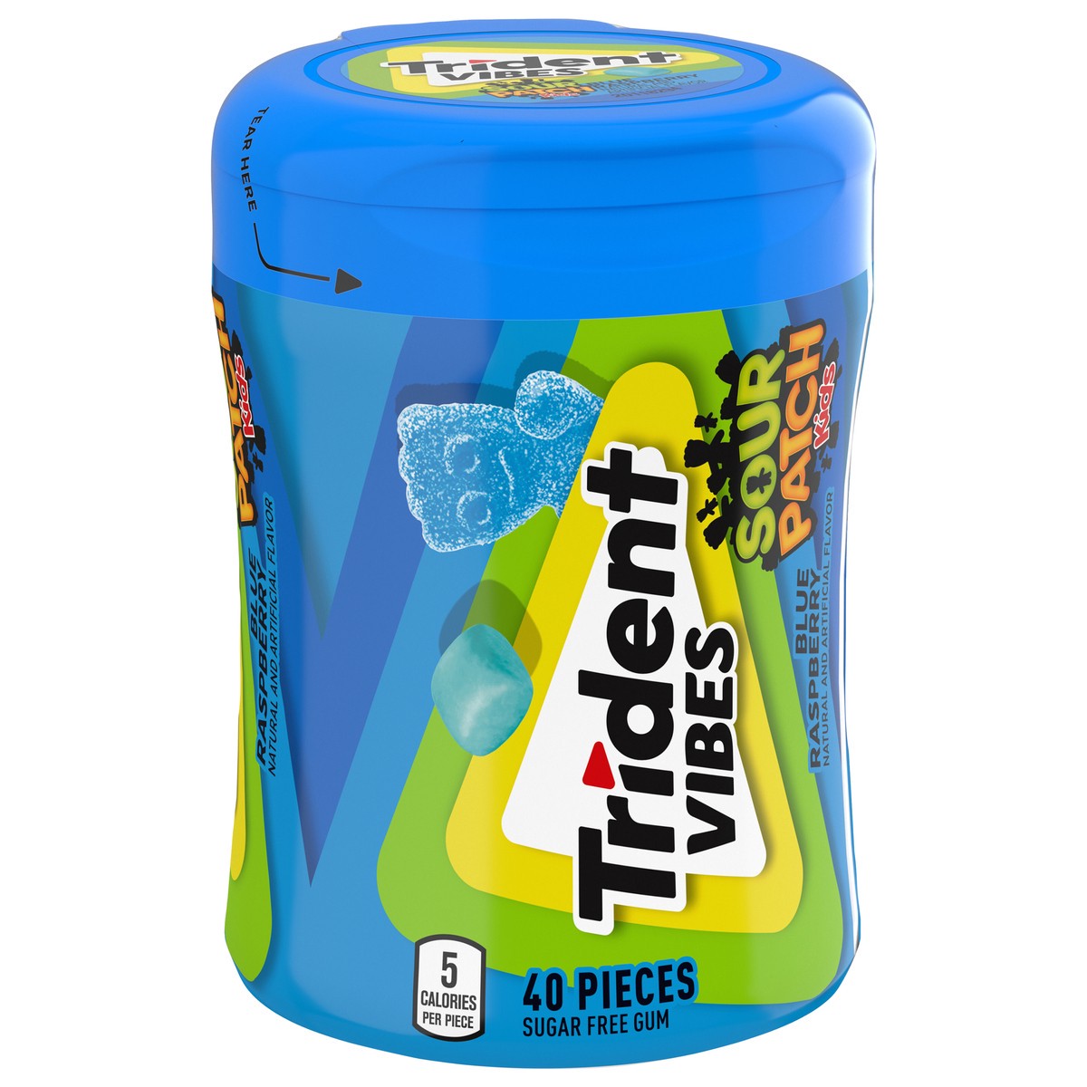 slide 3 of 9, Trident Vibes SOUR PATCH KIDS Blue Raspberry Sugar Free Gum, 40 Piece Bottle, 3.25 oz