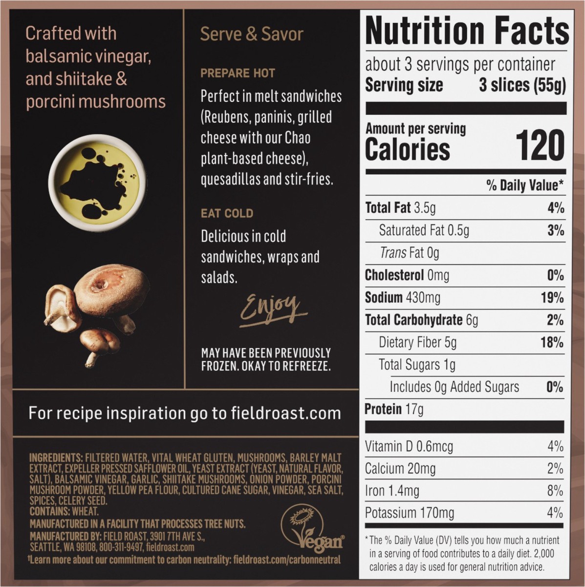 slide 3 of 5, Field Roast Deli Slices, Mushroom & Balsamic, Plant-Based, 5.5 oz