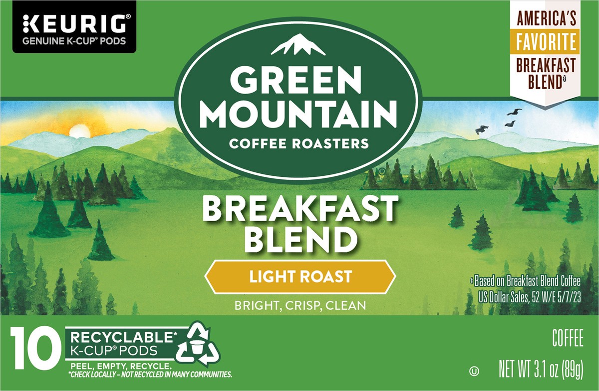slide 8 of 9, Green Mountain Coffee Roasters Breakfast Blend Single-Serve Keurig K-Cup Pods, Light Roast Coffee, 10 Count, 10 ct