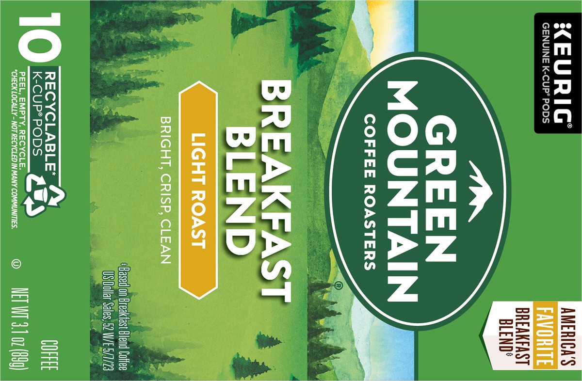 slide 6 of 9, Green Mountain Coffee Roasters Breakfast Blend Single-Serve Keurig K-Cup Pods, Light Roast Coffee, 10 Count, 10 ct