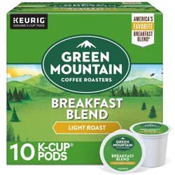 Green Mountain Coffee Roasters Breakfast Blend Single-Serve Keurig K-Cup Pods, Light Roast Coffee, 10 Count