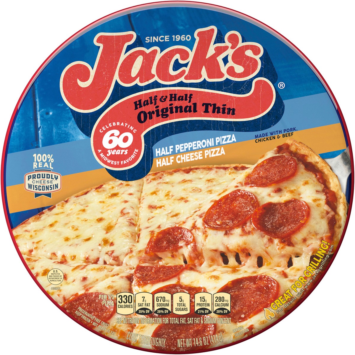 slide 4 of 7, Jack's Original Thin Crust Half and Half Pepperoni and Cheese Frozen Pizza, 14.6 oz