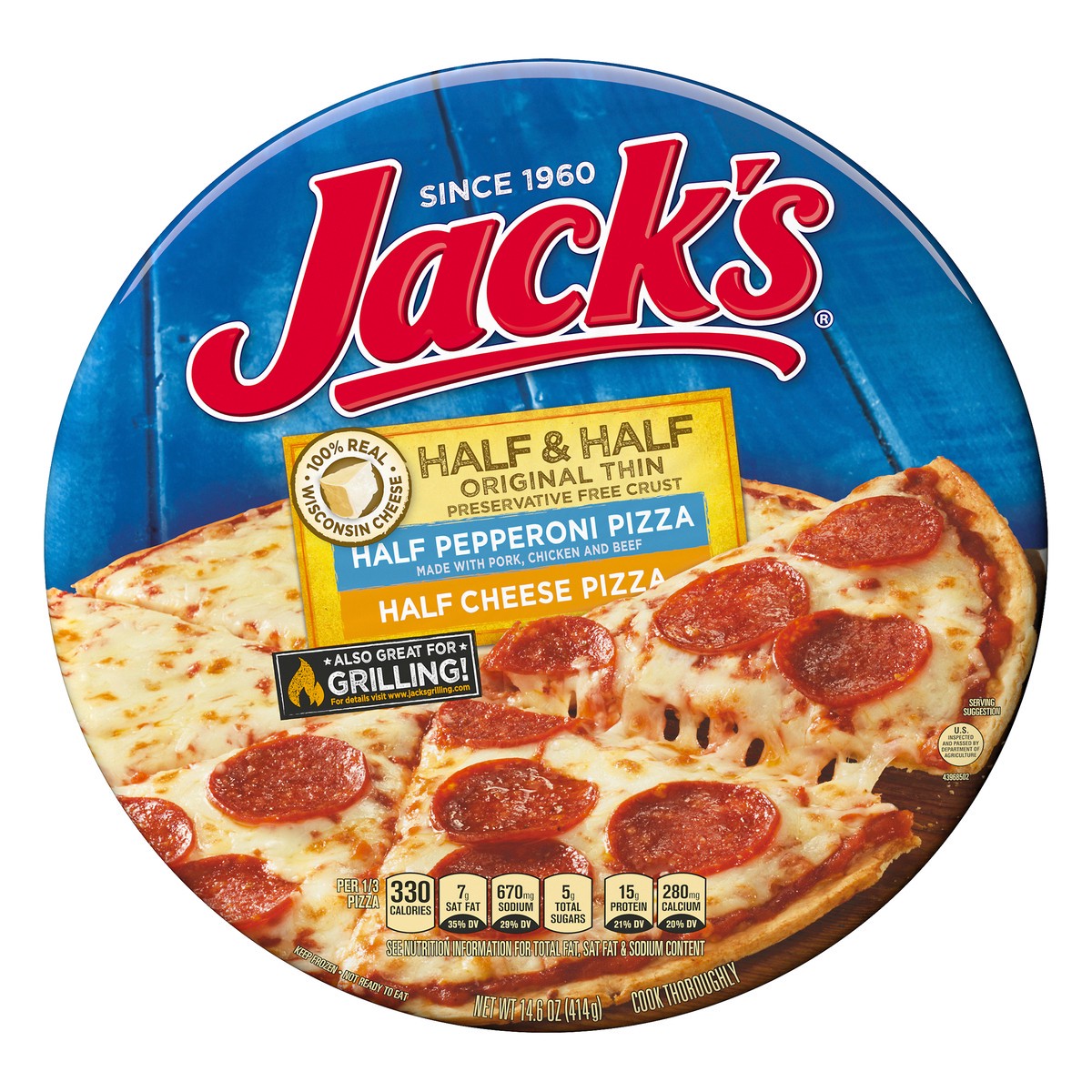 slide 1 of 7, Jack's Original Thin Crust Half and Half Pepperoni and Cheese Frozen Pizza, 14.6 oz