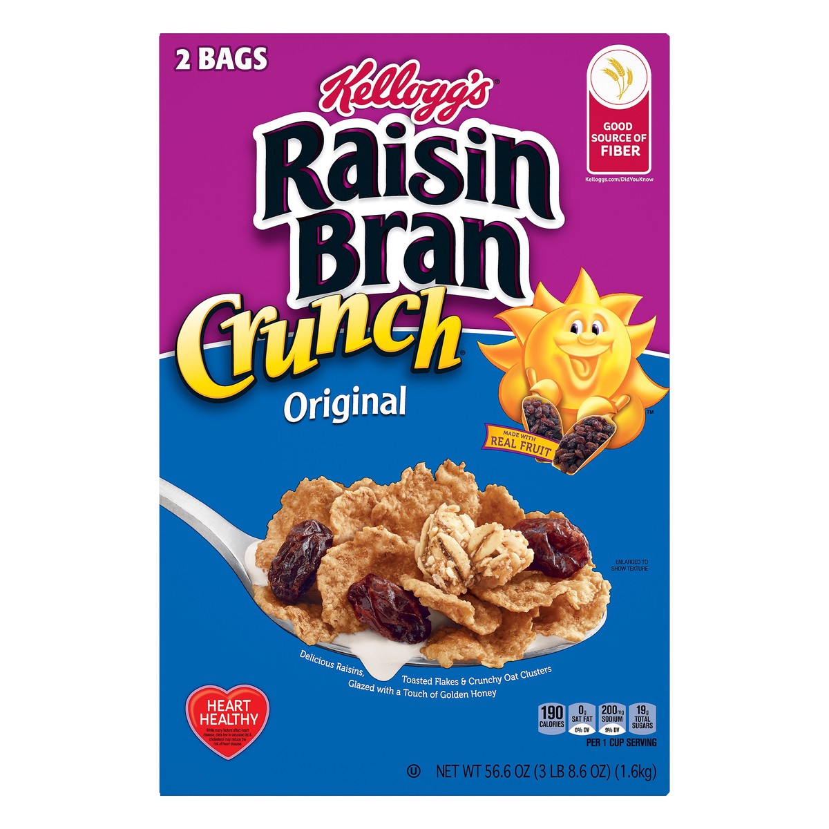 slide 1 of 5, Raisin Bran Kellogg's Raisin Bran Crunch Breakfast Cereal, Fiber Cereal, Made with Real Fruit, Original, 56.6oz Box, 2 Bags, 56.60 oz