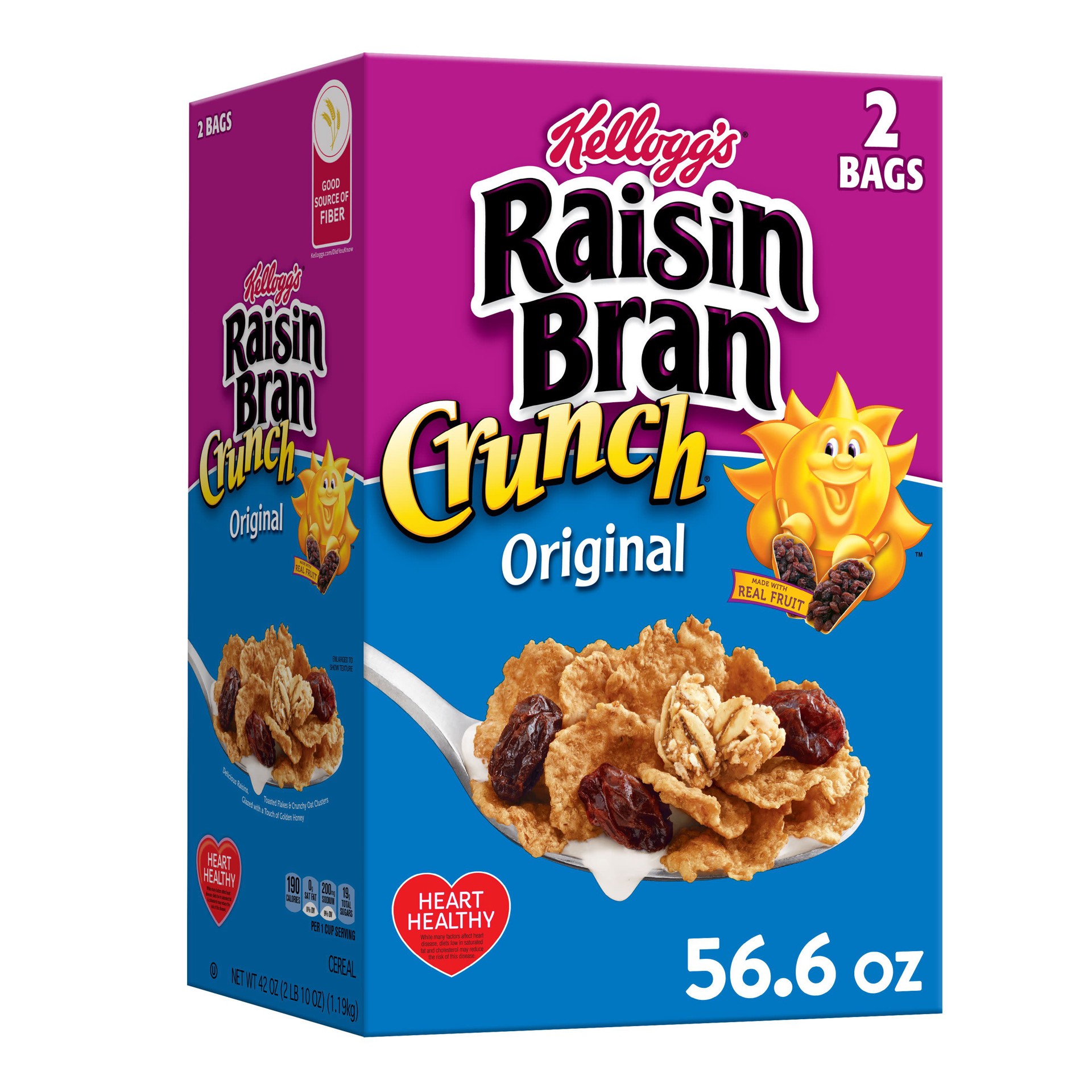 slide 1 of 5, Raisin Bran Kellogg's Raisin Bran Crunch Breakfast Cereal, Fiber Cereal, Made with Real Fruit, Original, 56.6oz Box, 2 Bags, 56.60 oz