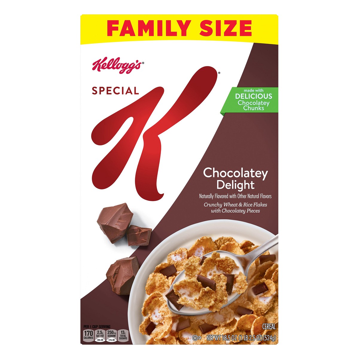 slide 1 of 5, Special K Breakfast Cereal, Family Breakfast, Fiber Cereal, Family Size, Chocolatey Delight, 18.5oz Box, 18.5 oz