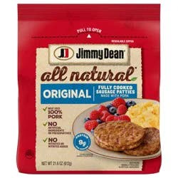 Jimmy Dean All Natural Original Fully Cooked Pork Sausage Patties, 21.6 Oz Bag