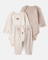 Carter's Baby Boy 3-Piece Bear Print Long-Sleeve Bodysuit & Pant Set - Brown/White NB