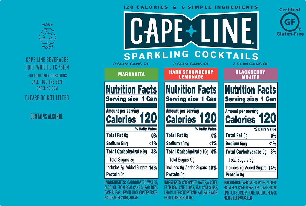 slide 3 of 9, Cape Line Variety Pack Cape Line Sparkling Cocktails Variety Pack, Gluten Free, 6 Pack, 12 FL OZ Cans, 4.5% ABV, 6 ct; 12 oz