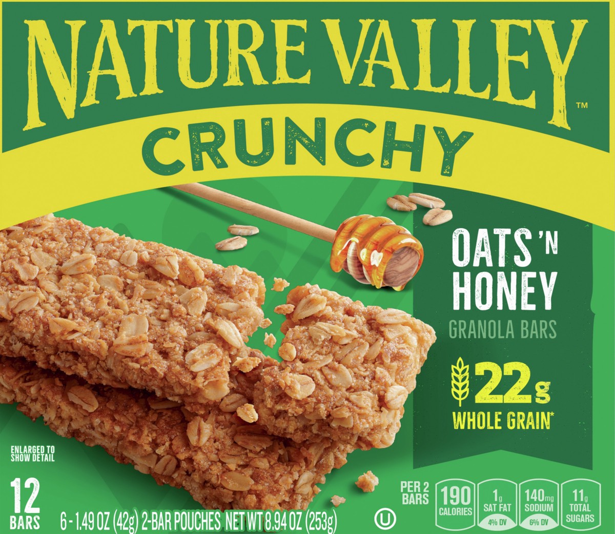 slide 10 of 14, Nature Valley Crunchy Granola Bars, Oats 'N Honey, 8.94 oz, 6 ct, 12 bars, 6 ct