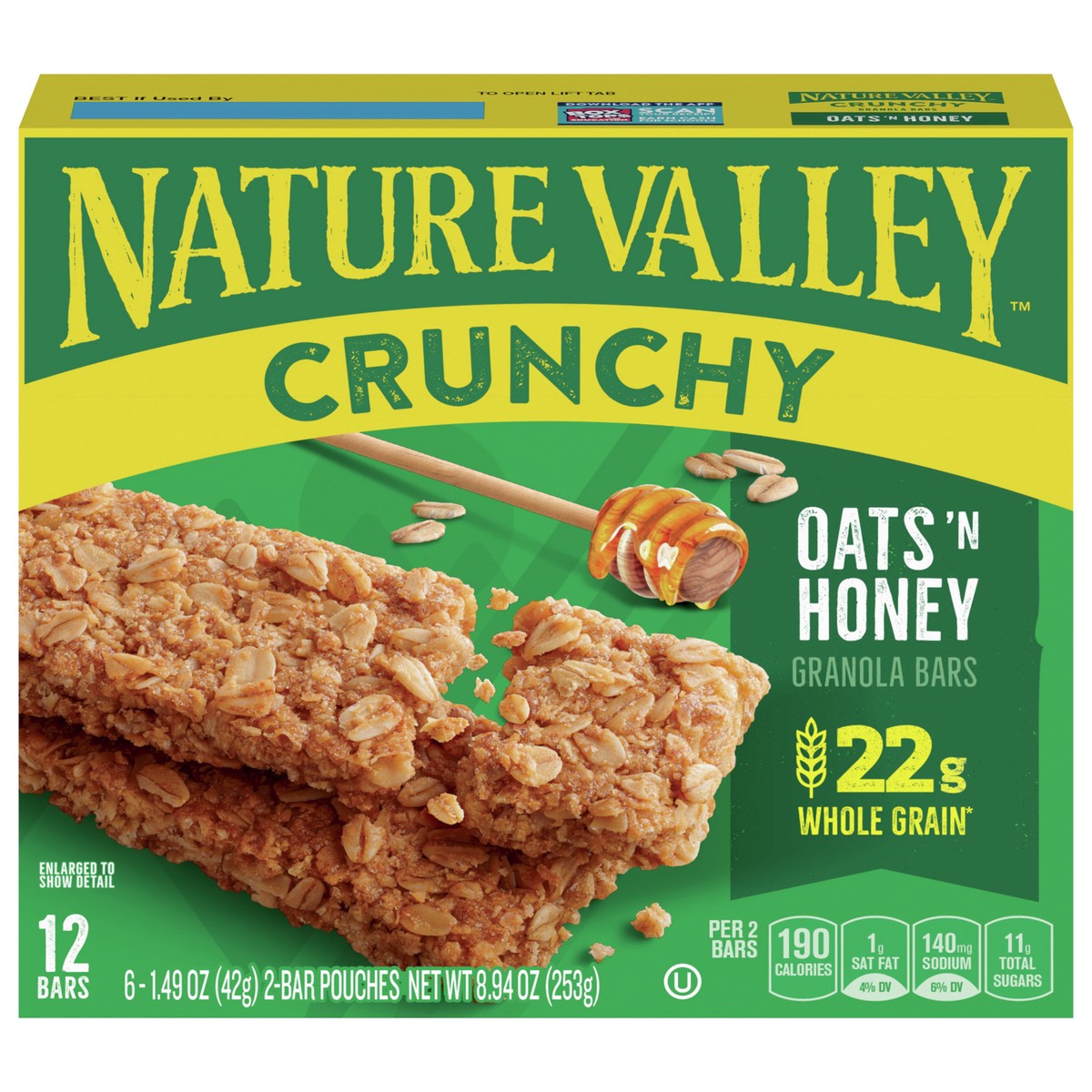 slide 1 of 14, Nature Valley Crunchy Granola Bars, Oats 'N Honey, 8.94 oz, 6 ct, 12 bars, 6 ct