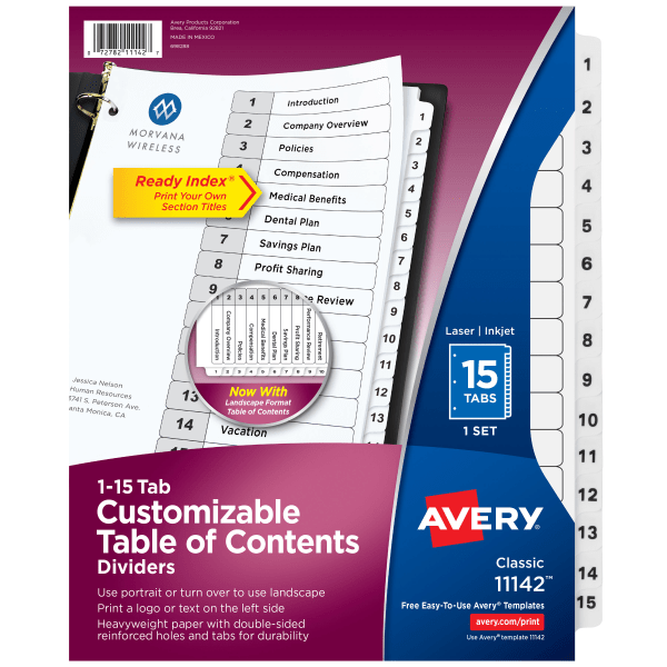 slide 1 of 10, Avery Ready Index 20% Recycled Table Of Contents Dividers, 1-15 Tab, Black/White, 1 ct