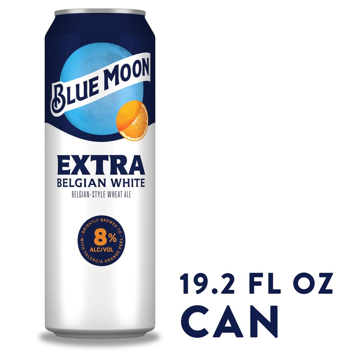 slide 1 of 8, Blue Moon Extra Belgian White Belgian-Style Wheat Ale Beer 8.0% ABV, 19.2 fl oz Can, 19 oz