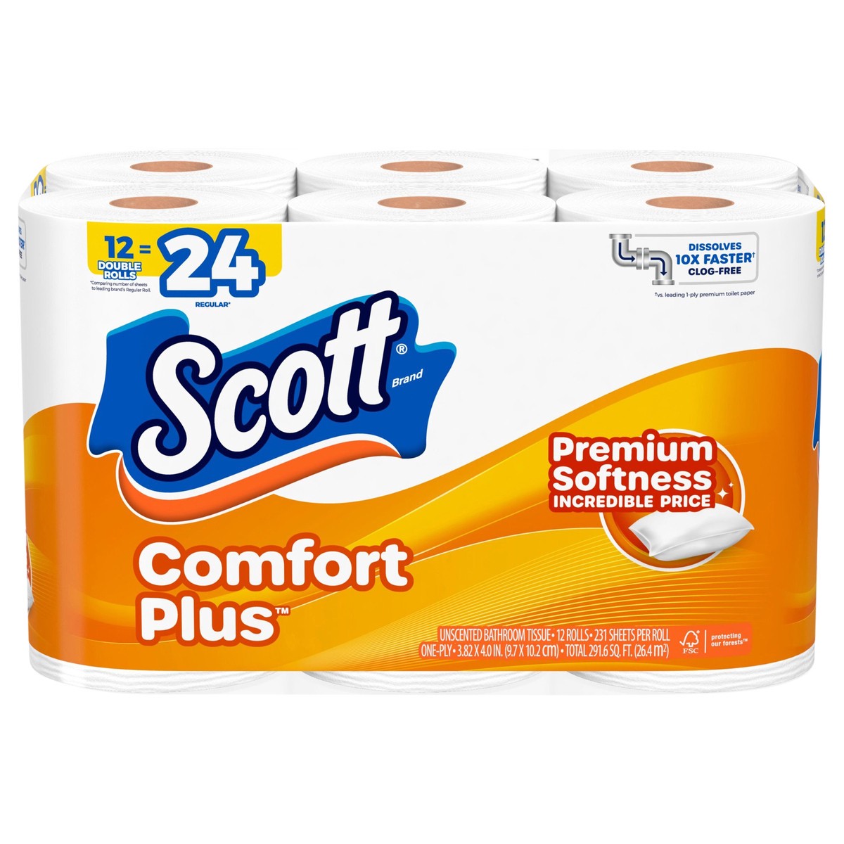 slide 1 of 9, Scott ComfortPlus Toilet Paper, 12 Double Rolls, 231 Sheets per Roll, Septic-Safe, 1-Ply Toilet Tissue, 12 ct