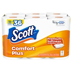 Scott ComfortPlus Toilet Paper, 12 Triple Rolls, 231 Sheets per Roll, Septic-Safe, 1-Ply Toilet Tissue