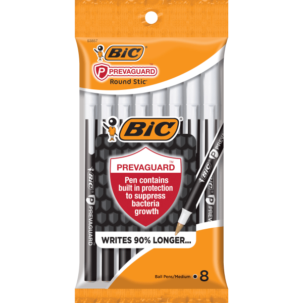 slide 1 of 4, BIC Prevaguard Round Stic Pens, Medium Point, 1.0 Mm, Black Barrel, Black Ink, Pack Of 8 Pens, 8 ct