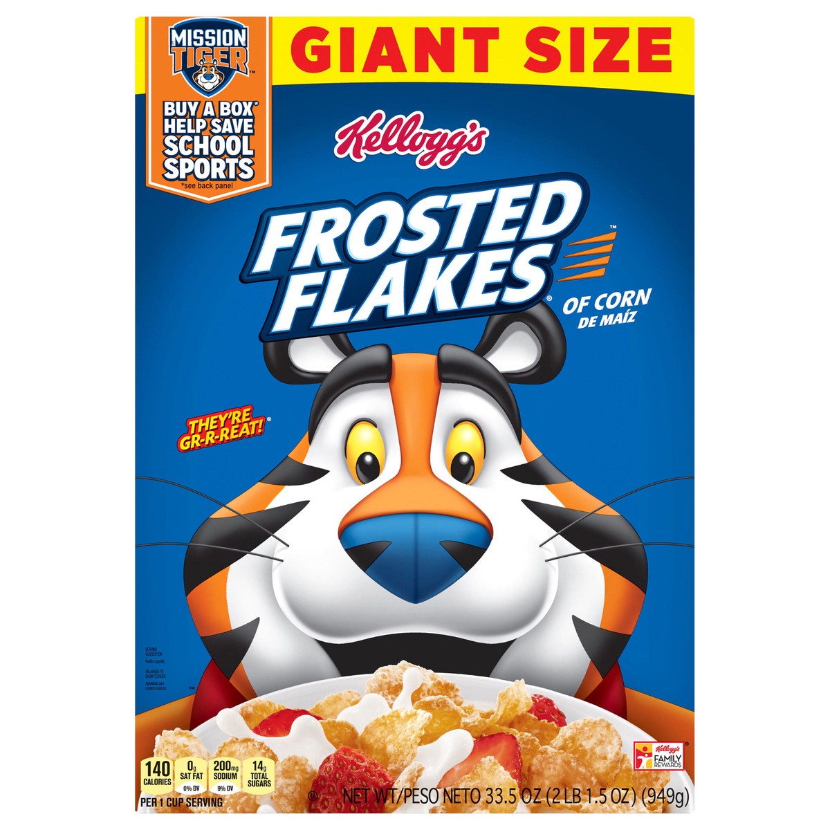 slide 1 of 7, Frosted Flakes Kellogg's Frosted Flakes Breakfast Cereal, 8 Vitamins and Minerals, Kids Snacks, Giant Size, Original, 33.5oz Box, 1 Box, 33.5 oz