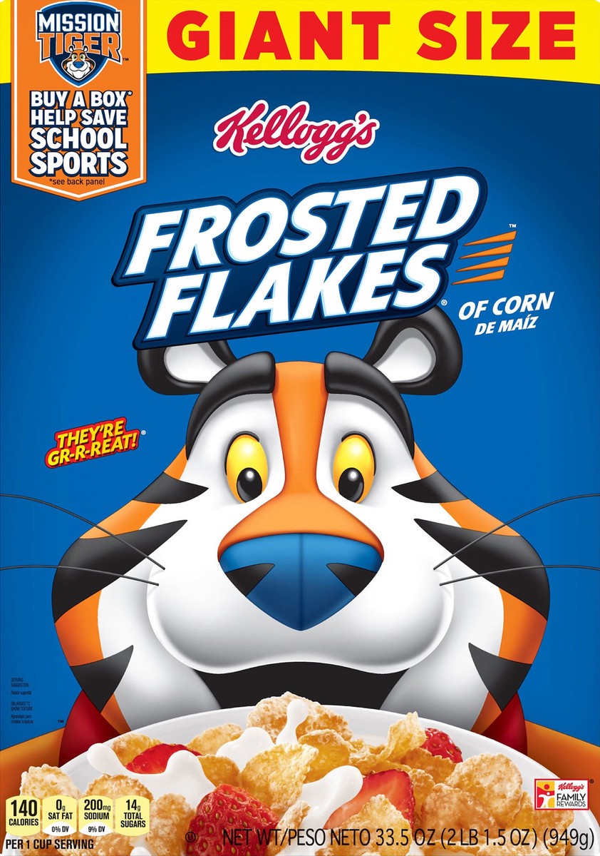 slide 4 of 7, Frosted Flakes Kellogg's Frosted Flakes Breakfast Cereal, 8 Vitamins and Minerals, Kids Snacks, Giant Size, Original, 33.5oz Box, 1 Box, 33.5 oz