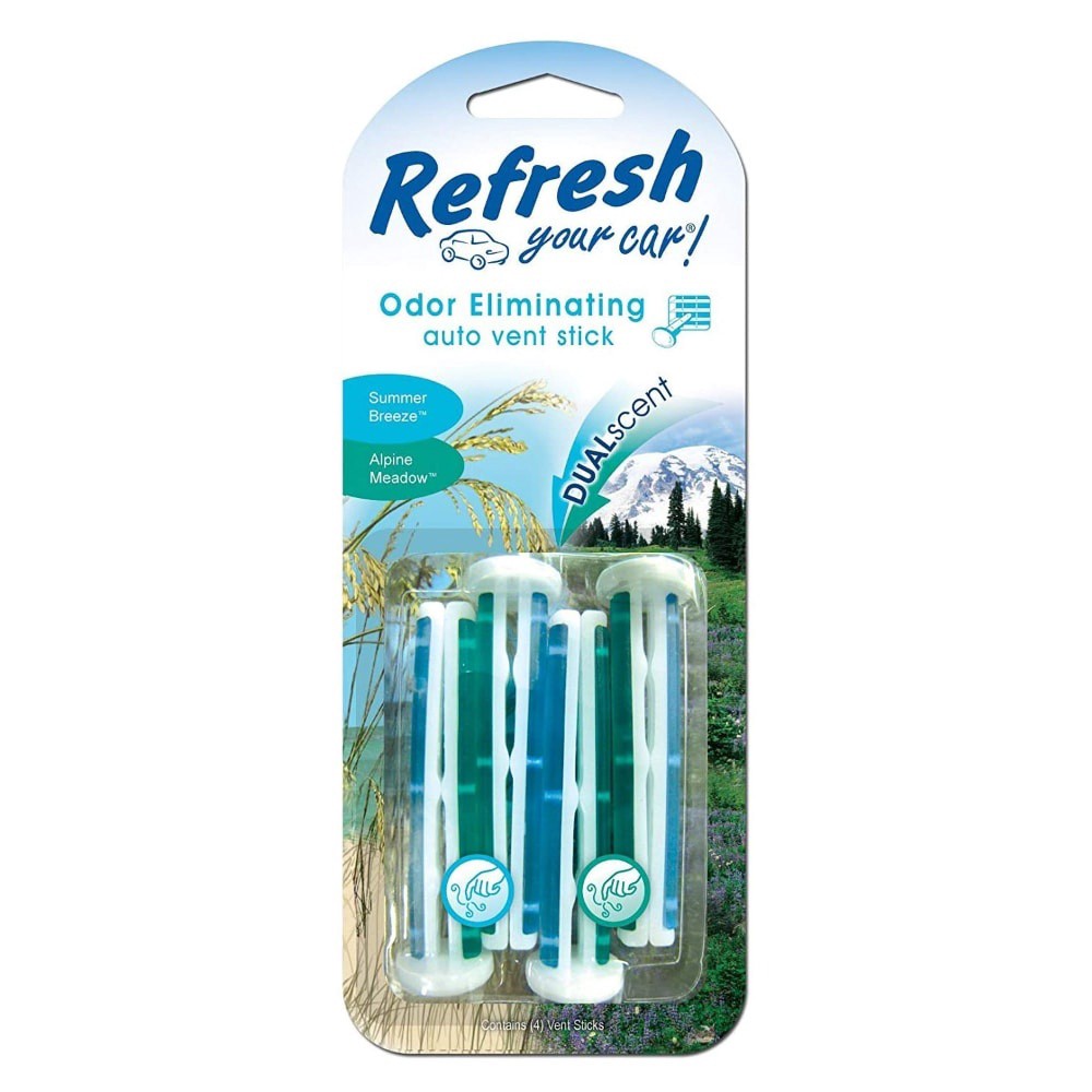 slide 1 of 1, Refresh Your Car! Summer Breeze & Alpine Meadow Dual Scent Odor Eliminating Auto Vent Sticks, 4 ct